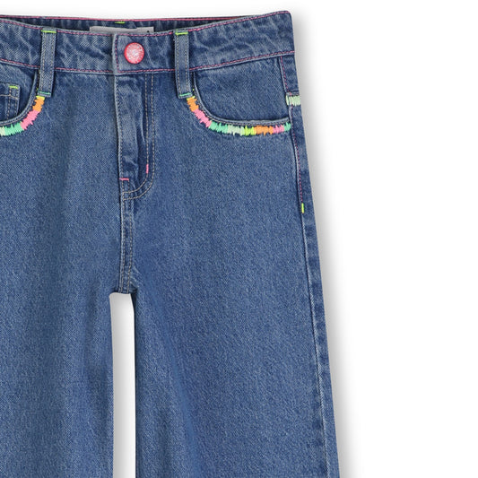 BILLIEBLUSH DENIM WITH MULTICOLOURED FRINGING AROUND POCKETS AND SEAMS