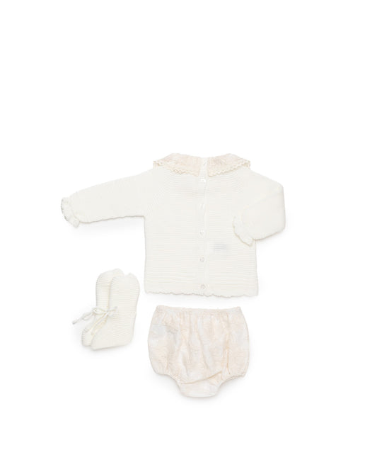 JULIANA 3 PC SET - Knit top, bloomers with bow & booties Cream