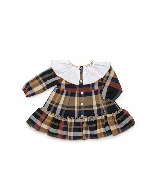 JULIANA - Tartan dress, white collar & mustard bow