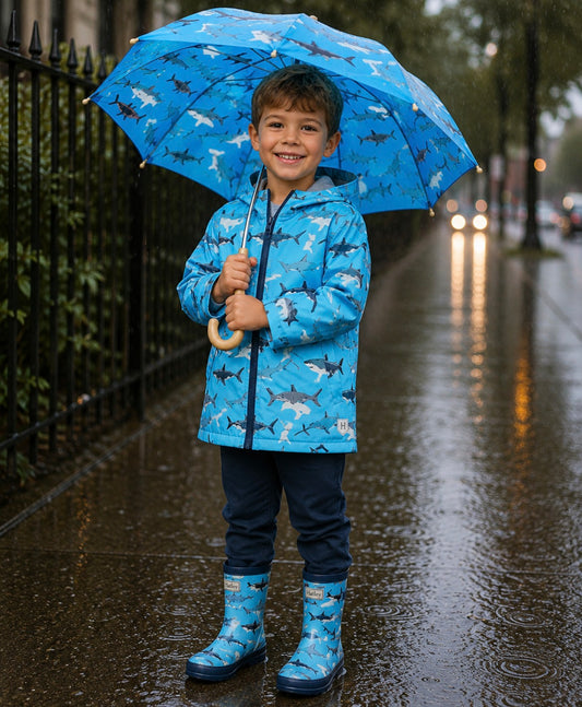 Hatley Shark Party Colour Change Zip Up Rain Jacket