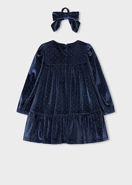 Mayoral Velvet Dress with Hair Tie in Navy
