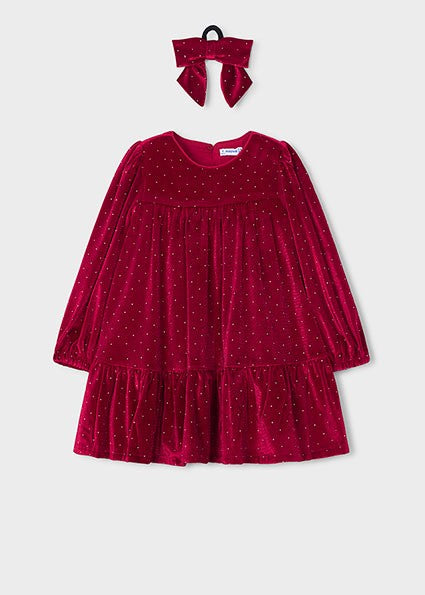 Mayoral Velvet Dress with Hair Tie in Red