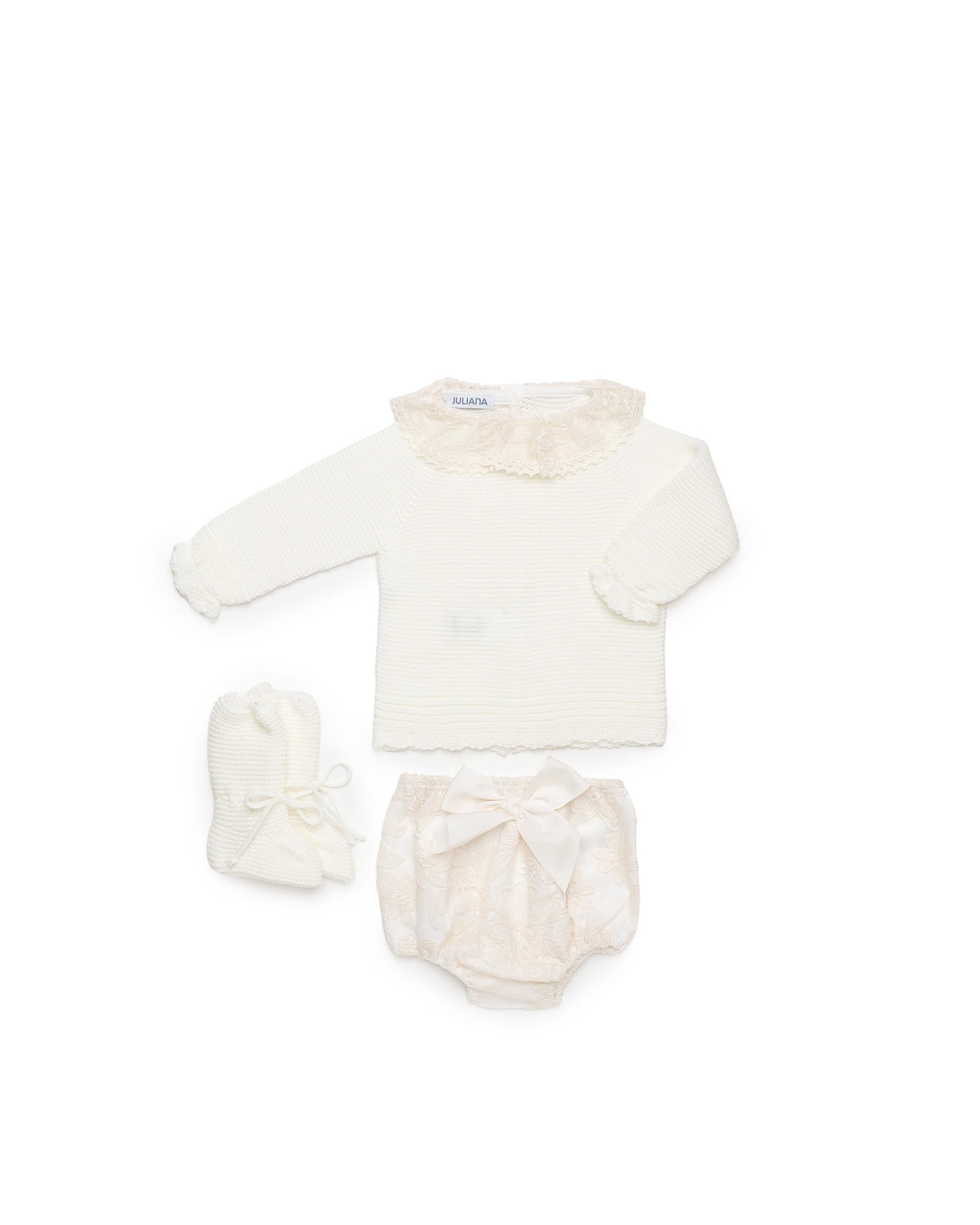 JULIANA 3 PC SET - Knit top, bloomers with bow & booties   Cream