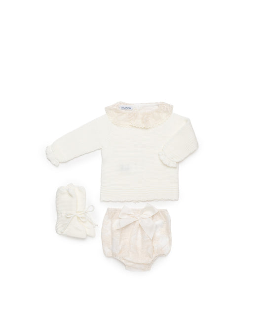 JULIANA 3 PC SET - Knit top, bloomers with bow & booties   Cream