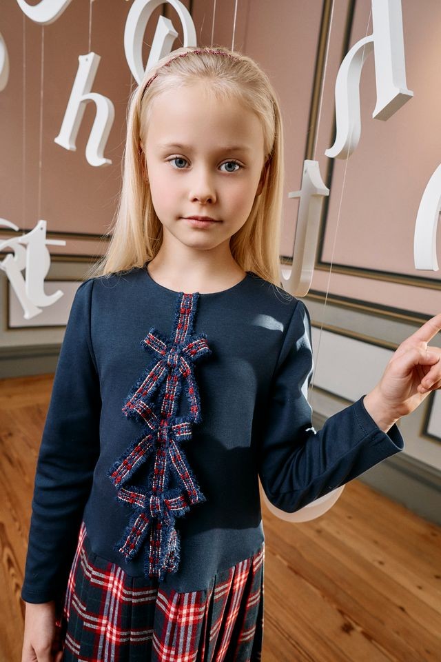 PATACHOU Navy & Balmoral tartan Dress With Bow Detailing