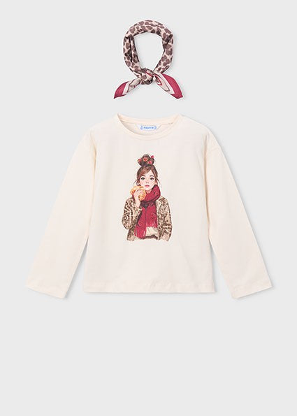 Mayoral Long Sleeve T-Shirt  with Scarf  in Cherry & Beige
