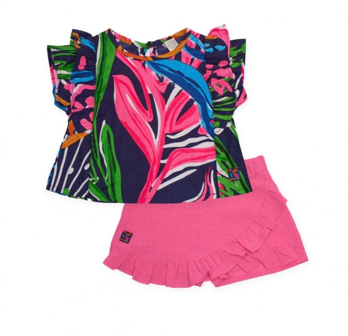Tuc Tuc Girl Navy and brightly coloured Moonlight splash  top with pink woven skort
