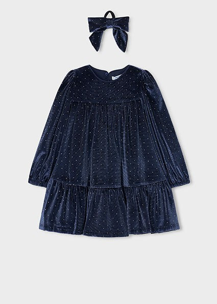 Mayoral Velvet Dress with Hair Tie in Navy