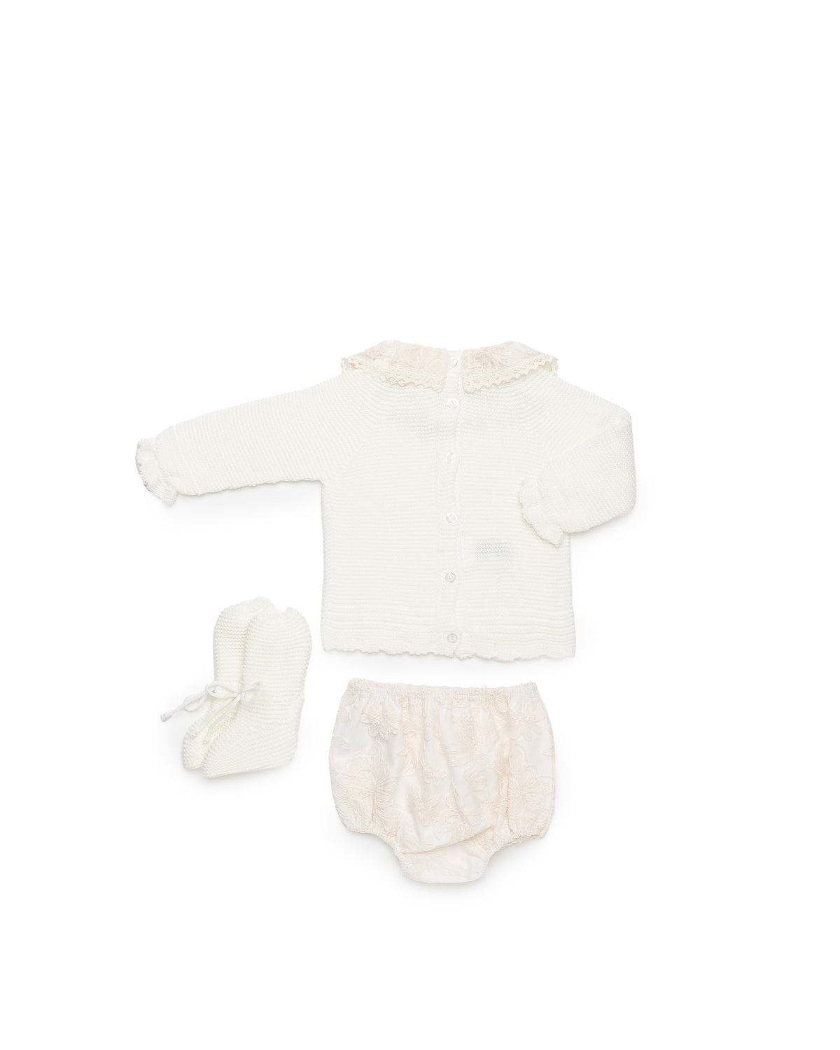 JULIANA 3 PC SET - Knit top, bloomers with bow & booties   Cream