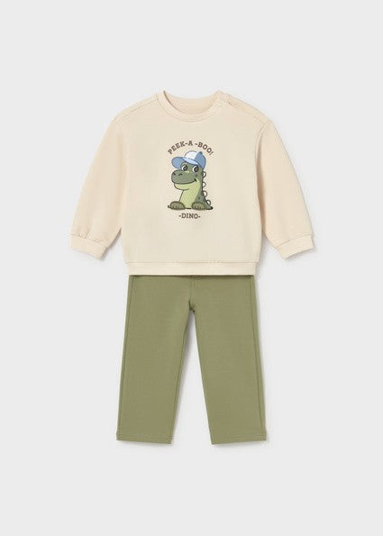 Mayoral Sweatshirt & Long Trousers Set in Green / Cream