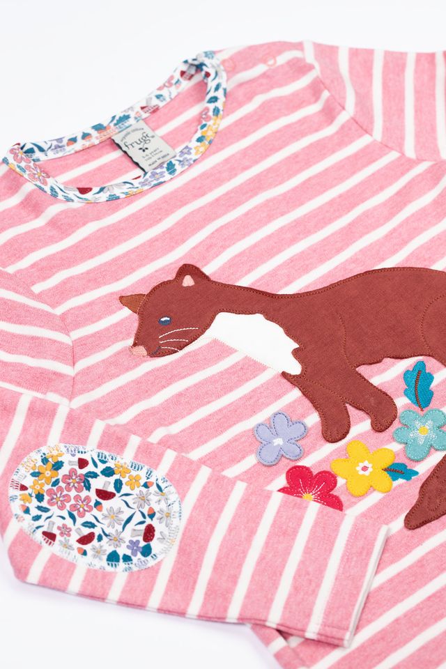 FRUGI ARCHER APPLIQUE TOP PINK STRIPE/PINE MARTEN