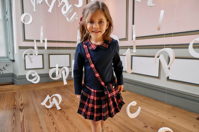 PATACHOU Navy Dress with Balmoral Tartan details & Matching Bag