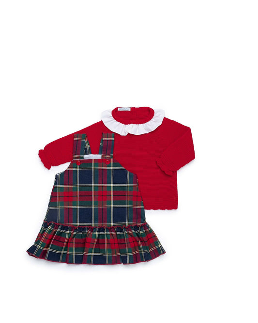 JULIANA - Red Tartan Pinafore Dress & Knitted Jumper    Red