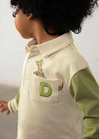 Mayoral Long Sleeve Polo in Sage Green & Cream