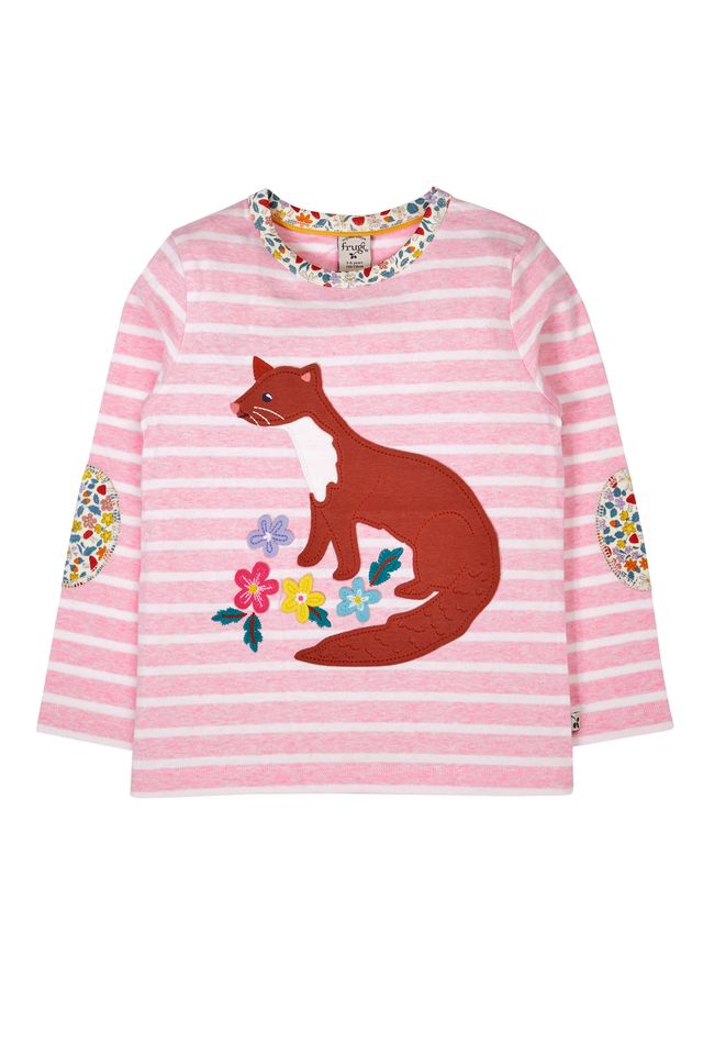 FRUGI ARCHER APPLIQUE TOP PINK STRIPE/PINE MARTEN