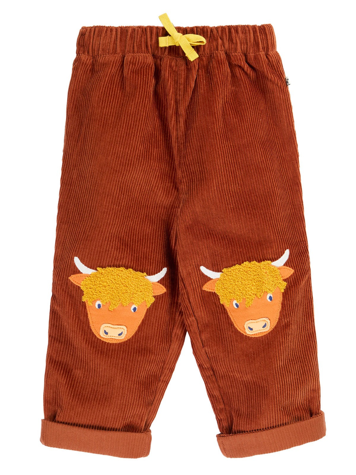 FRUGI ARLO CORD TROUSERS in CHOCOLATE BROWN WITH HIGHLAND COW KNEE PATCHES
