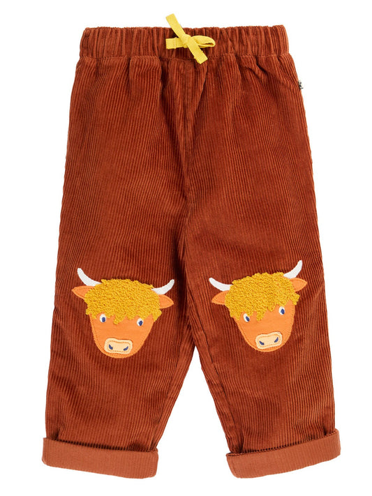 FRUGI ARLO CORD TROUSERS in CHOCOLATE BROWN WITH HIGHLAND COW KNEE PATCHES