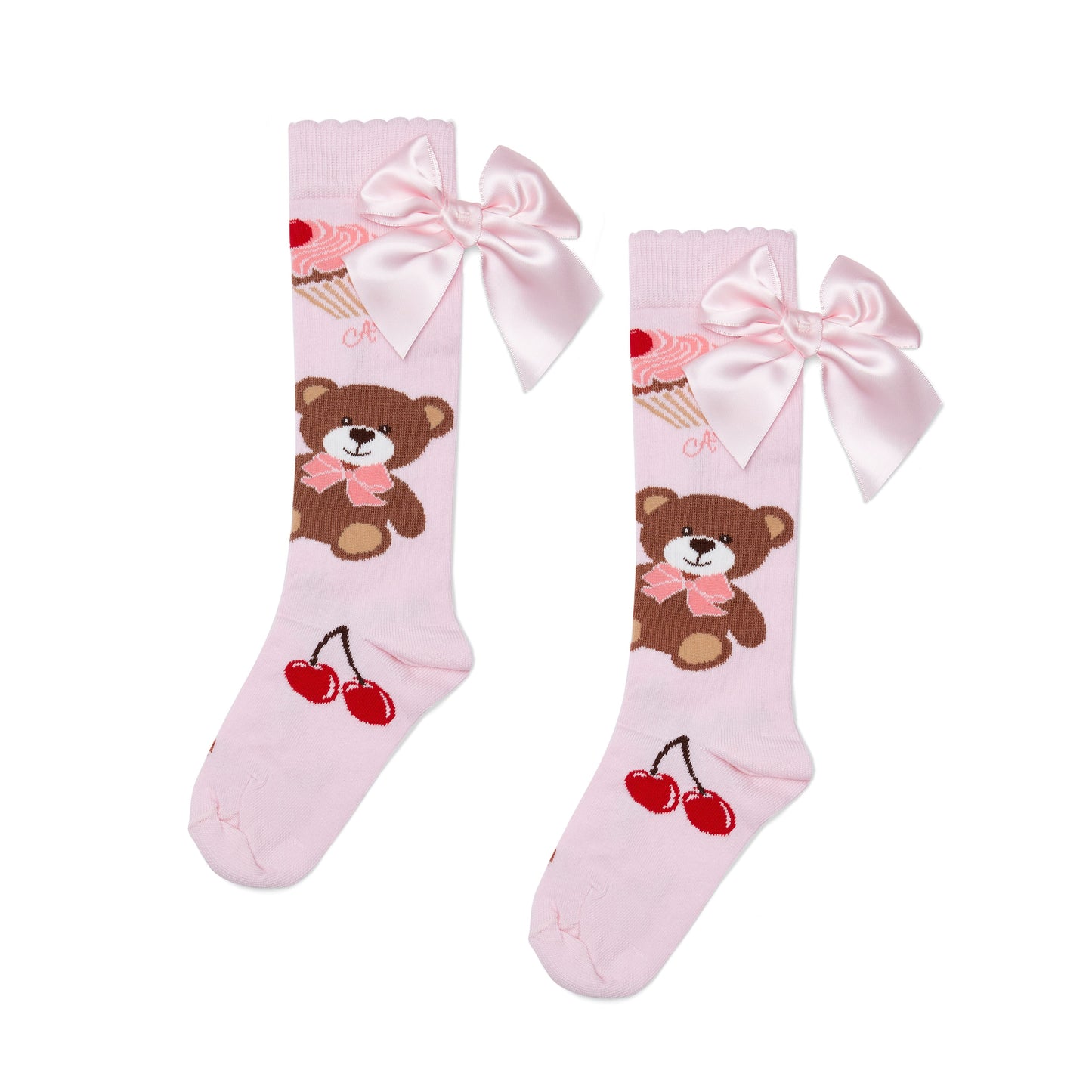 A Dee LEAH Girls Bear print bow knee high socks