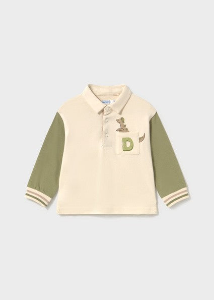 Mayoral Long Sleeve Polo in Sage Green & Cream