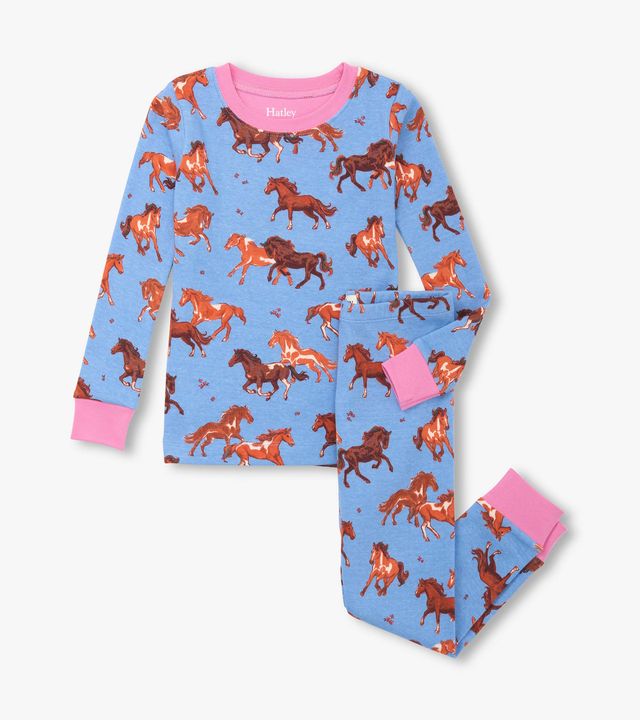 Hatley Tinsel Horses Cotton Pajama Set Vista Blue