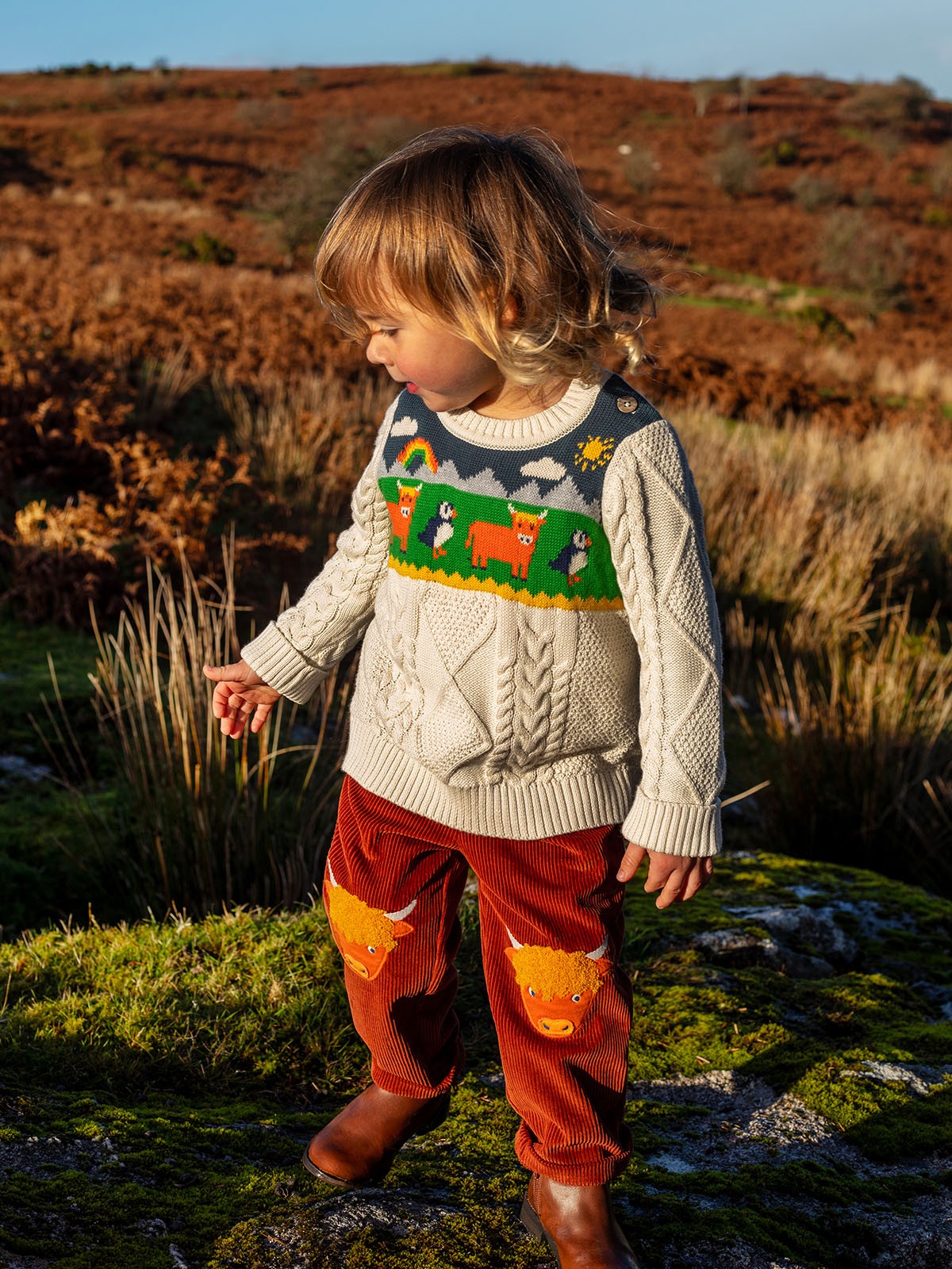 FRUGI ARLO CORD TROUSERS in CHOCOLATE BROWN WITH HIGHLAND COW KNEE PATCHES