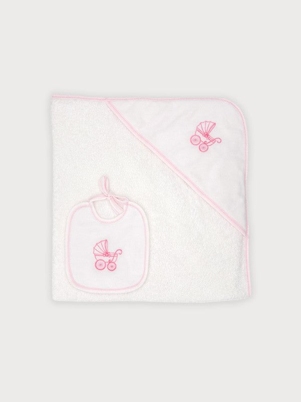Sardon 2 pc set - Hooded Towel & Bib - Pink/ White