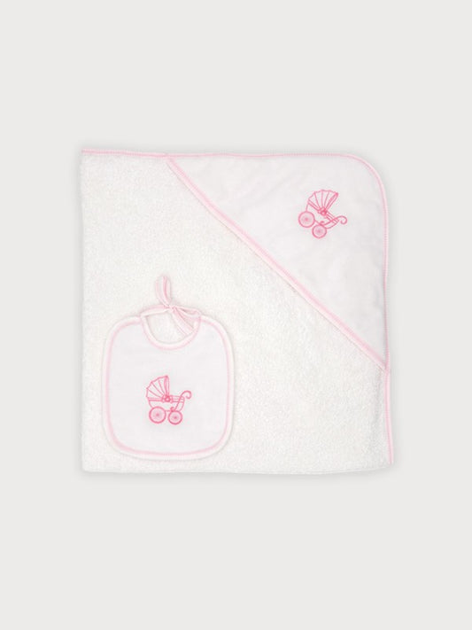 Sardon 2 pc set - Hooded Towel & Bib - Pink/ White