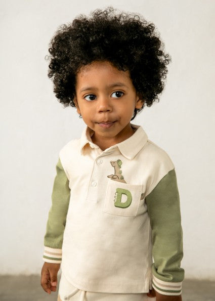 Mayoral Long Sleeve Polo in Sage Green & Cream