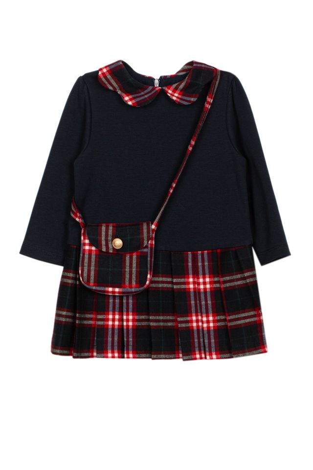 PATACHOU Navy Dress with Balmoral Tartan details & Matching Bag
