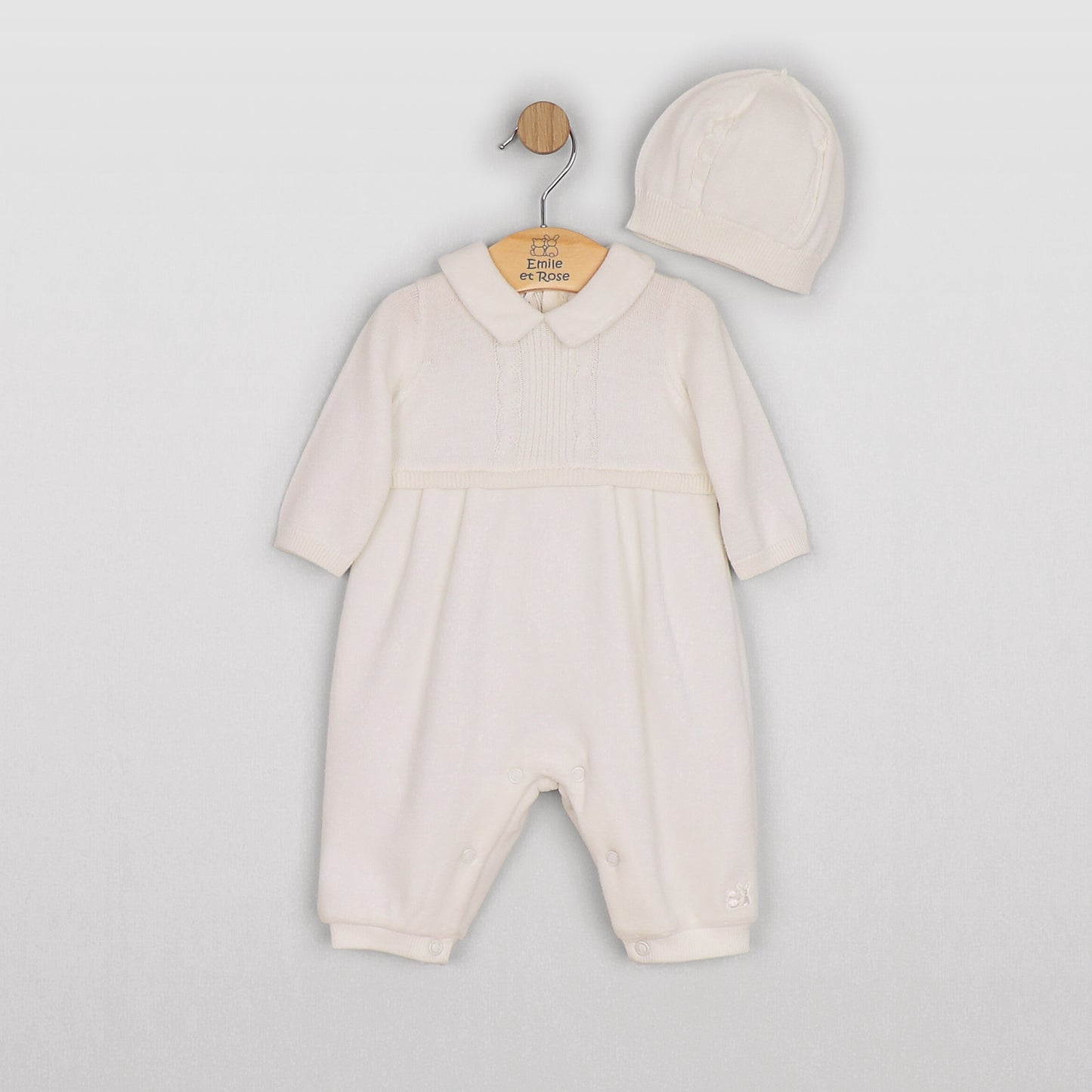 Emile et Rose Langston Cable knit upper & velour lower AIO, with Hat Ivory