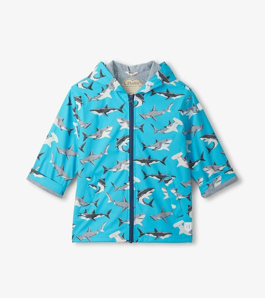 Hatley Shark Party Colour Change Zip Up Rain Jacket