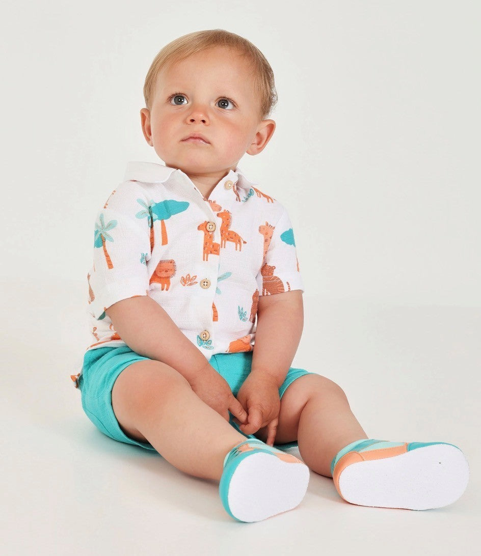 Tuc Tuc BABY BOY White linen shirt with safari print and turquoise linen shorts