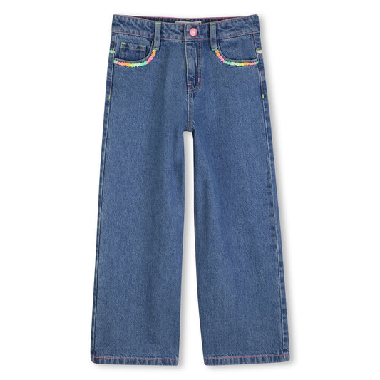 BILLIEBLUSH DENIM WITH MULTICOLOURED FRINGING AROUND POCKETS AND SEAMS