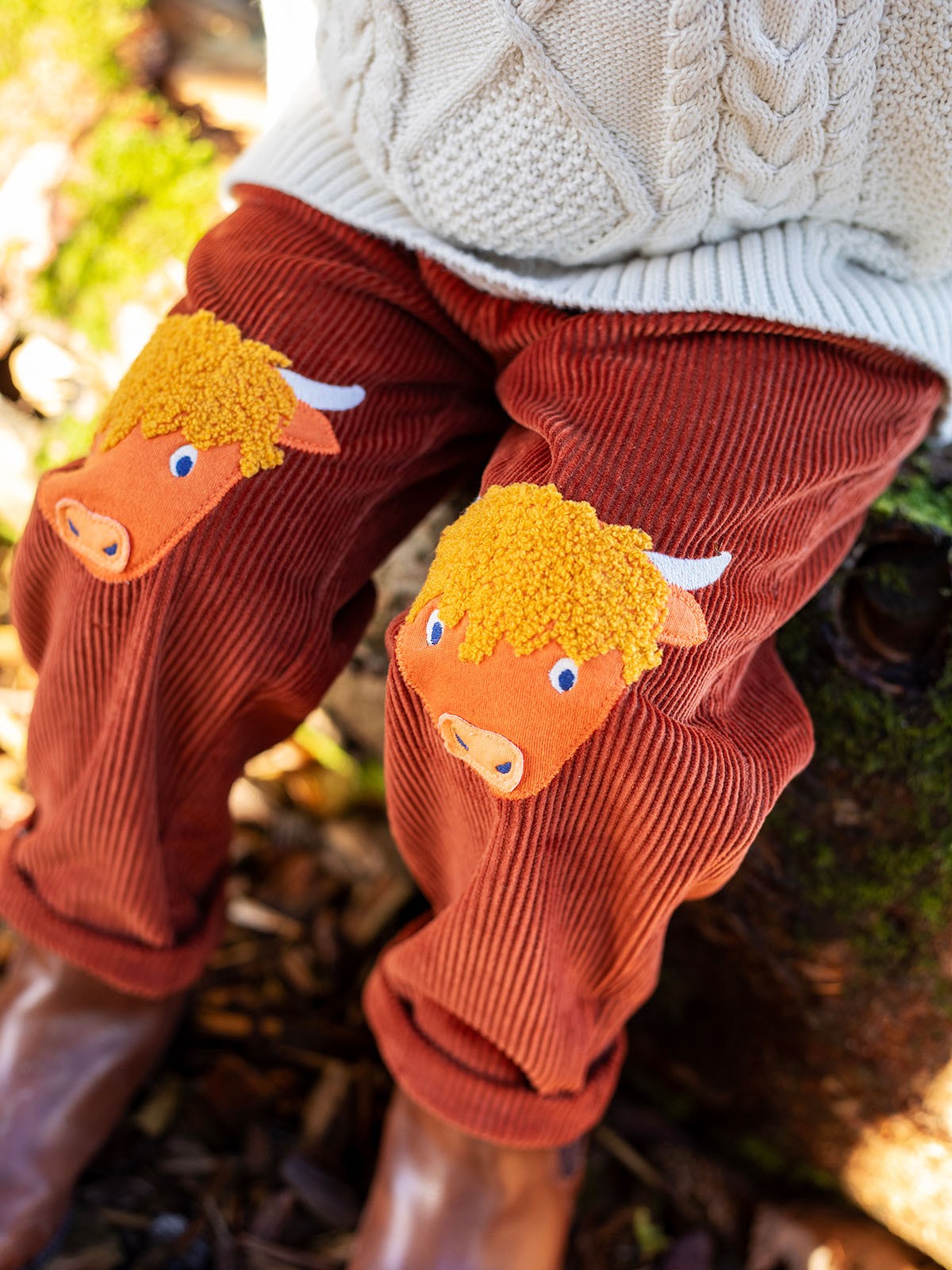 FRUGI ARLO CORD TROUSERS in CHOCOLATE BROWN WITH HIGHLAND COW KNEE PATCHES