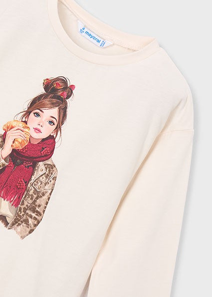 Mayoral Long Sleeve T-Shirt  with Scarf  in Cherry & Beige