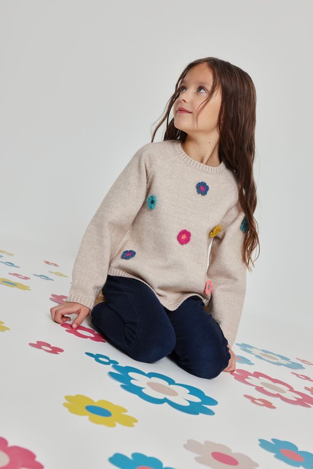 Boboli Girl Beige Flower Knit Pullover