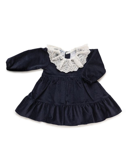 Juliana Ruffle Velvet Dress in Navy