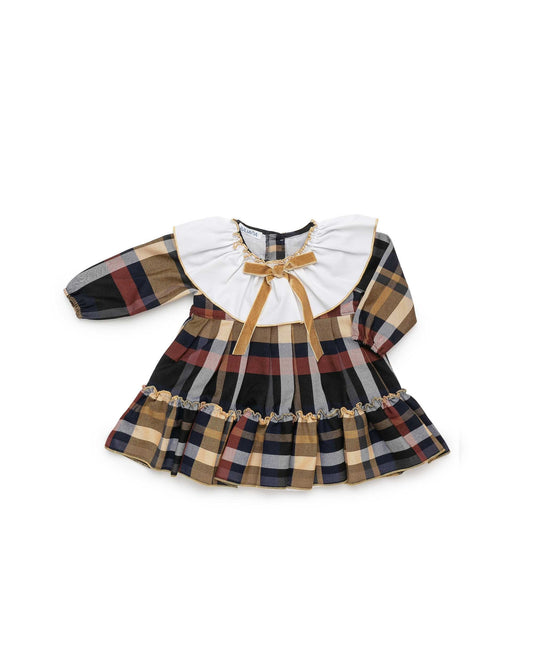 JULIANA - Tartan dress, white collar & mustard bow