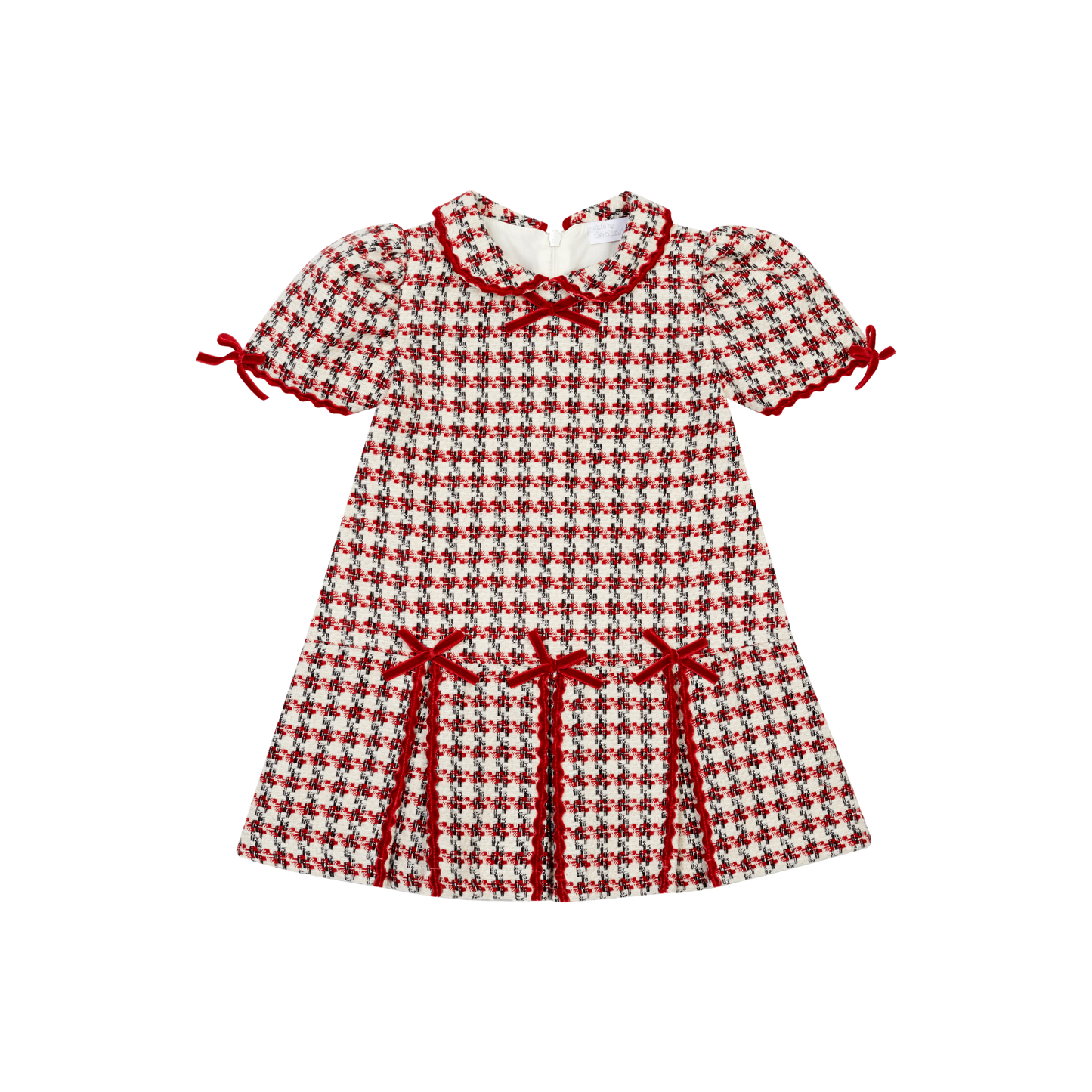 DEOLINDA RED TWEED DRESS w TRIPLE BOW BOX PLEATS