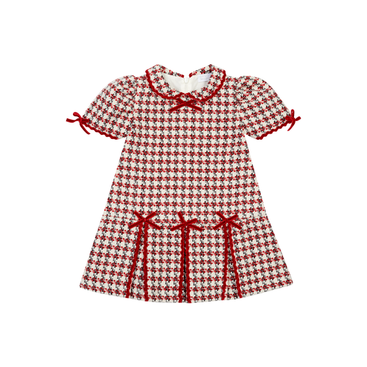 DEOLINDA RED TWEED DRESS w TRIPLE BOW BOX PLEATS